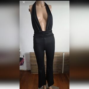 Black Halter Plunge Jumpsuit - XS